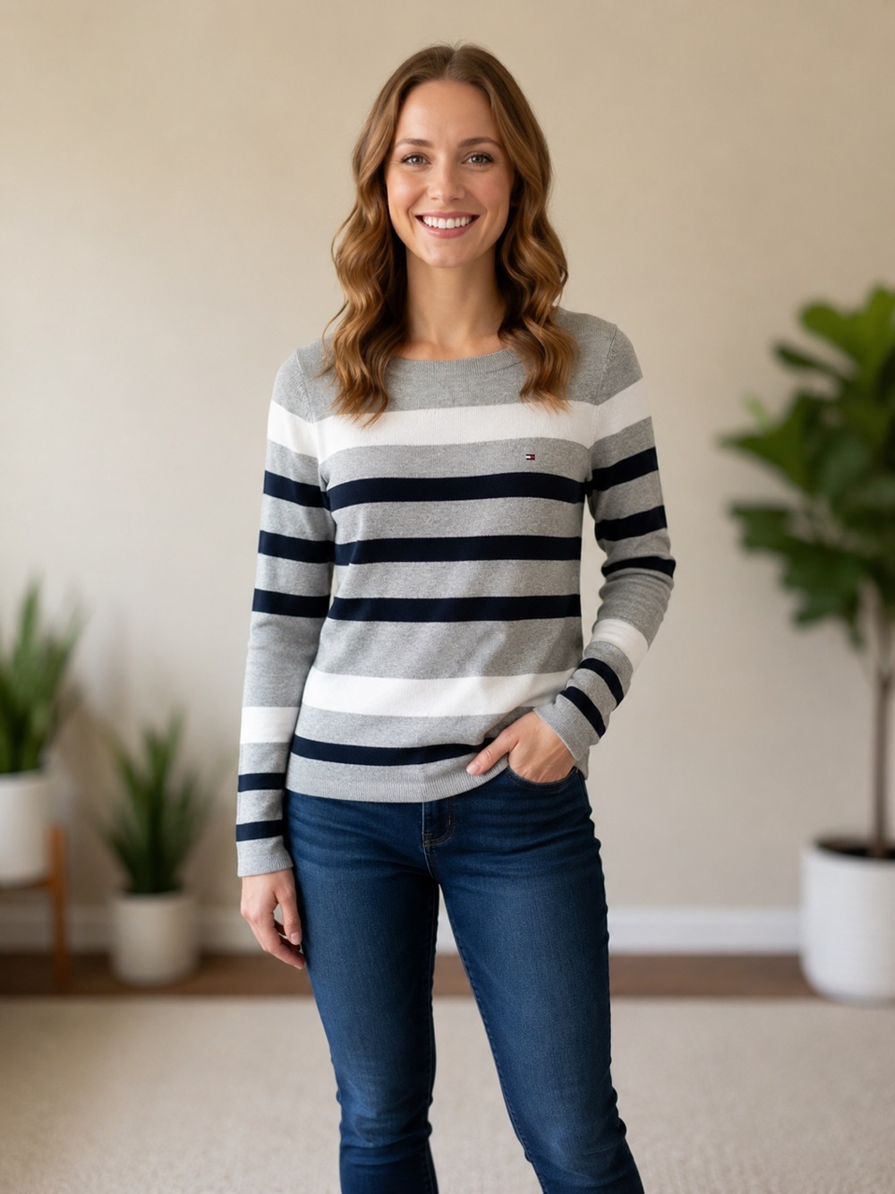 Tommy Hilfiger Grey, White & Navy Striped Crewneck Sweater